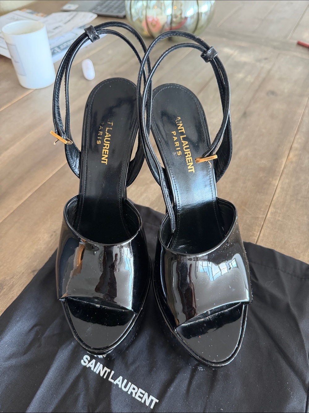Saint Laurent Black Patent Leather Open-Toe Slingback Heels
